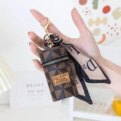 Mini Lipstick Holder Keychain with Zipper & Decorative Ribbon