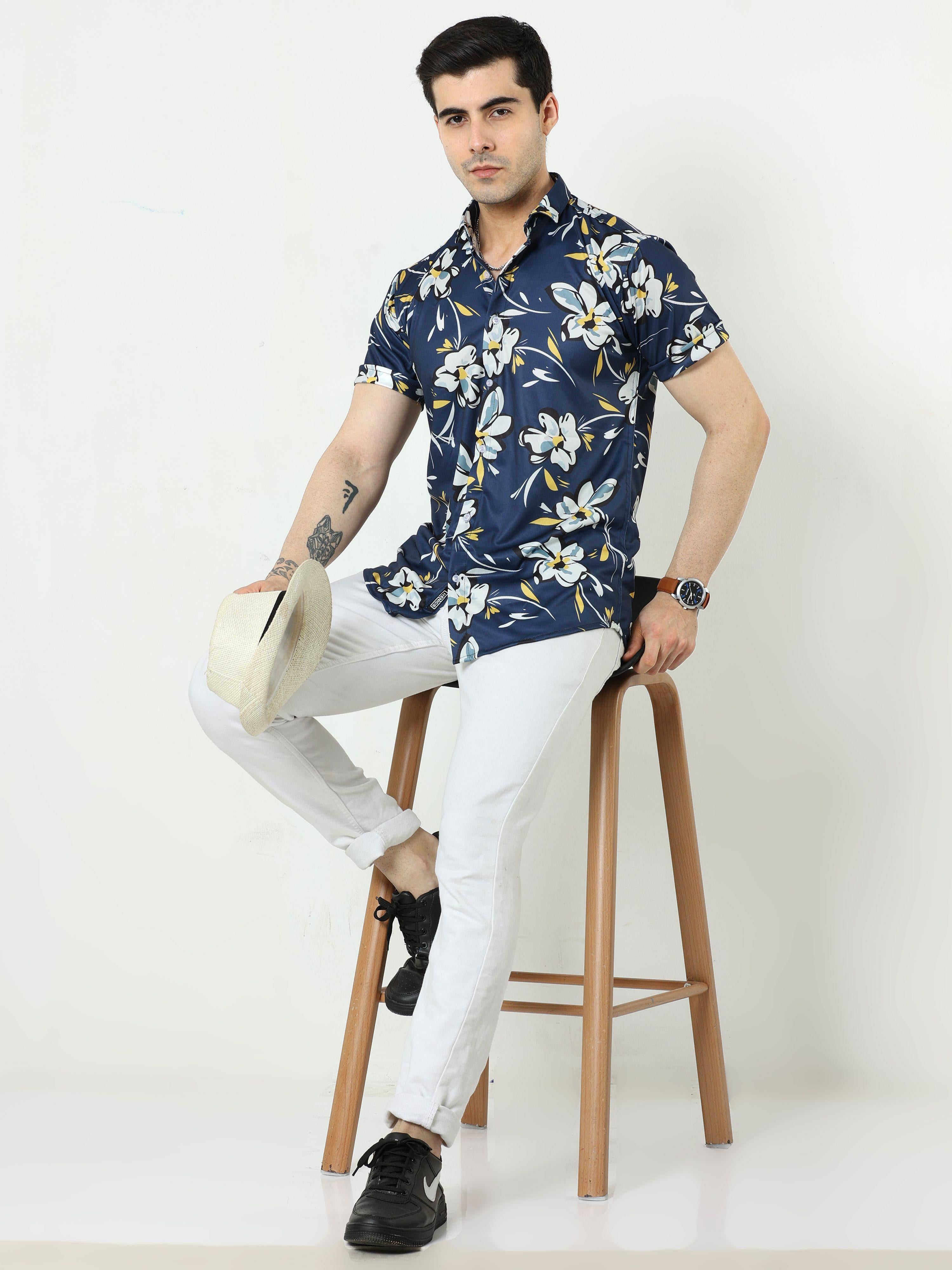 Men's Floral Print Casual Shirt - Regular Fit with Spread Collar