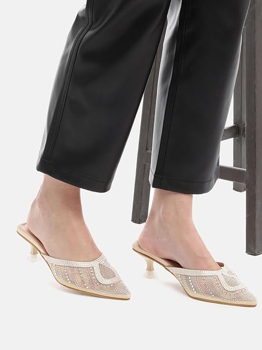 Women’s Knitted Embellished Heel Mules | Elegant Slip-On 2 Inch Heels for Party & Casual Wear