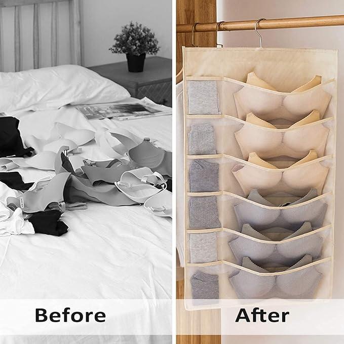 Two-Sided Closet Storage Bag with 30 Mesh Compartments for Hanging Organization