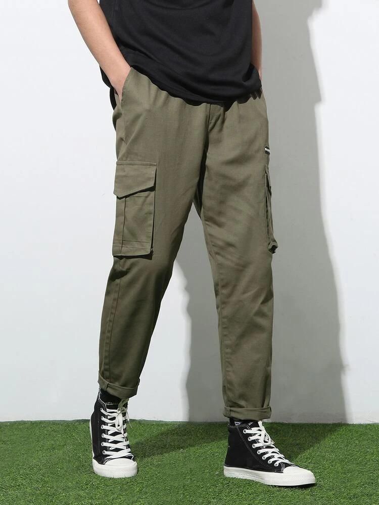 Men's Slim Fit Cargo Pants in Olive Green Cotton Fabric with Multiple