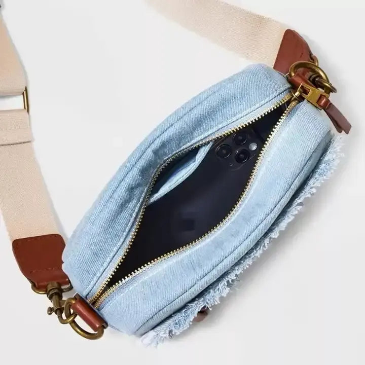 Denim Blue Handbag – Elegant Moon Design Semi-Circular Underarm Shoulder Bag