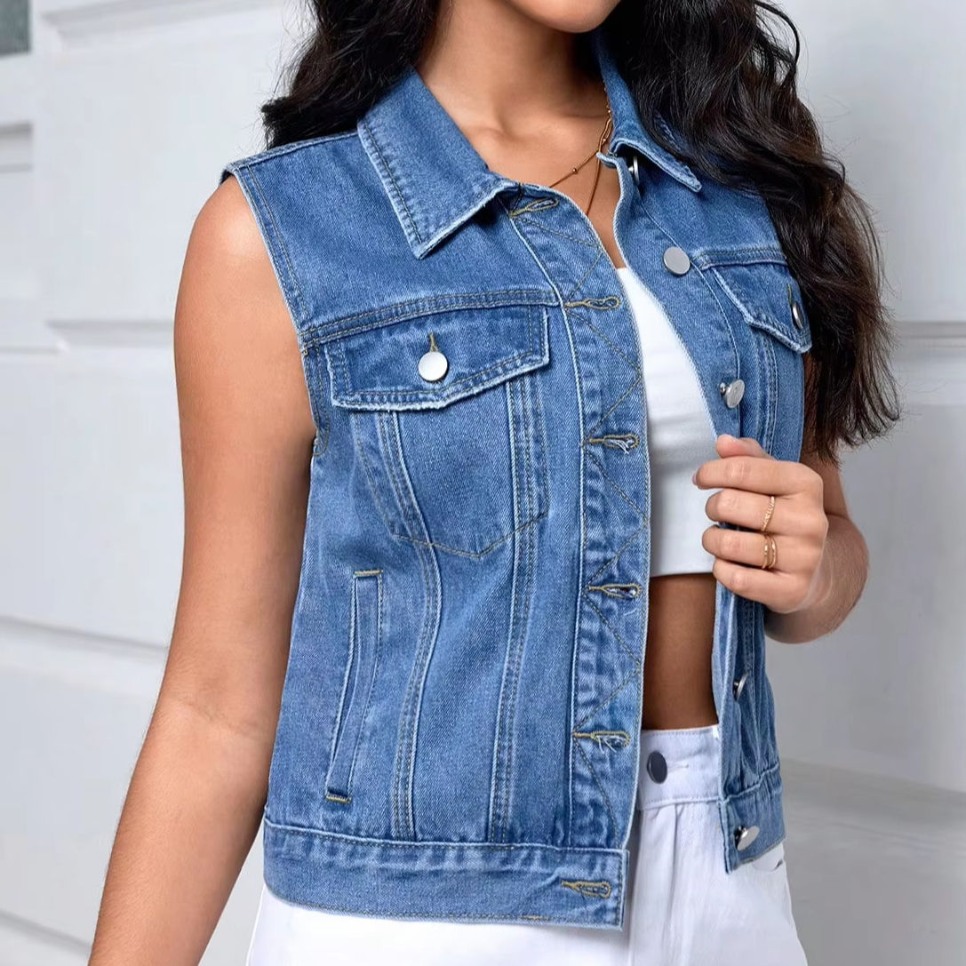 Trendy women denim sleeveless jacket front view