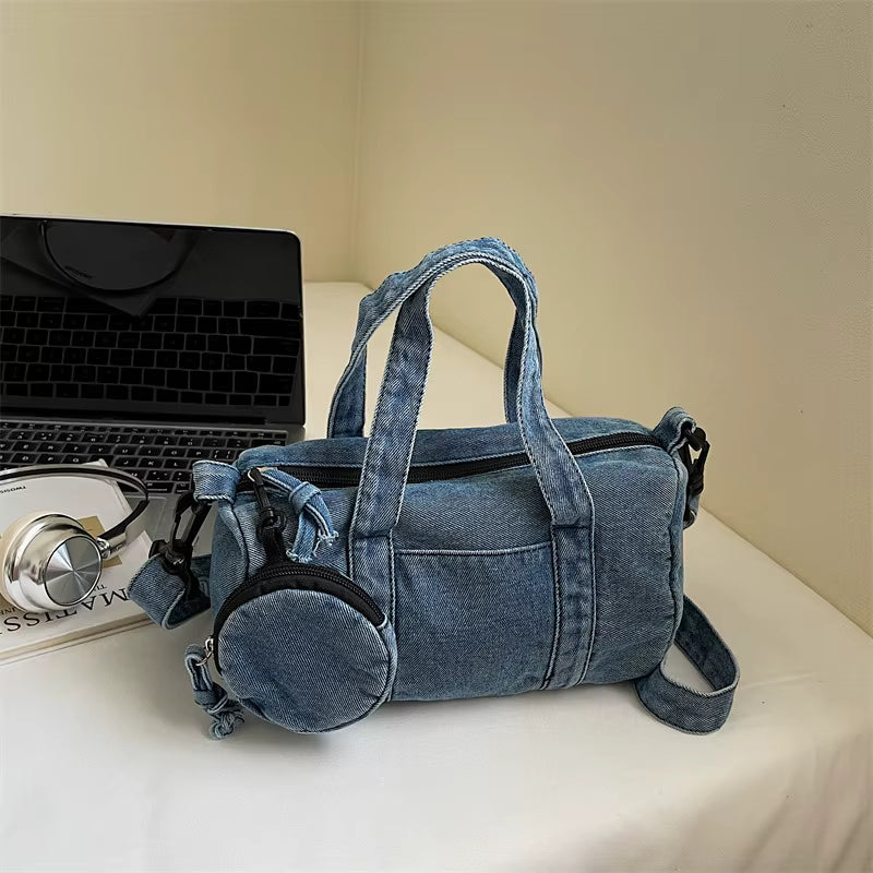 Korean Style Street Trendy Vintage Denim Underarm Travel Handbag – Embroidered Small Pillow Shoulder Bag