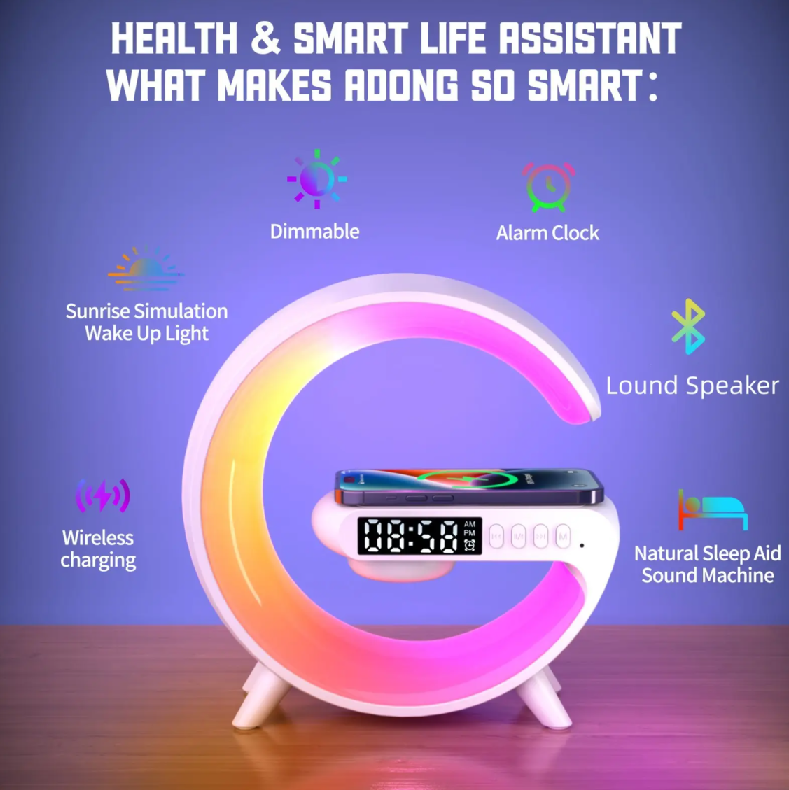 5-in-1 G-Shaped Wireless Charger with LED Lamp, Bluetooth Speaker, Alarm Clock & USB Interface