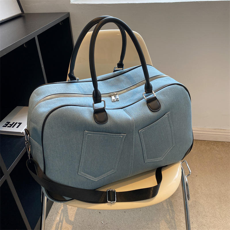 Multifunction denim duffle bag for travel and shopping