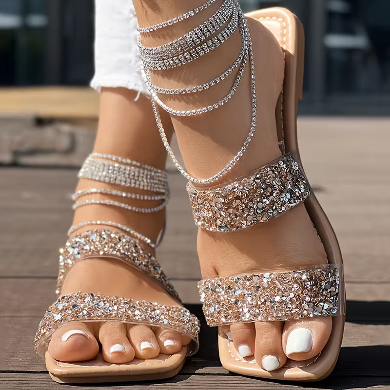 Rhinestone square toe flat slippers for women with slip on open toe design