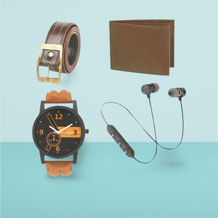 Men's Fashion Combo: Watch, Wallet, Belt & Bluetooth Earphone