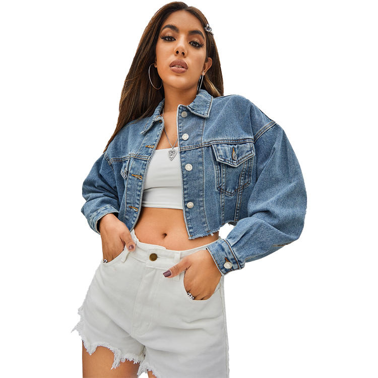 Washed-blue-frayed-cropped-denim jacket-for-women-front-view