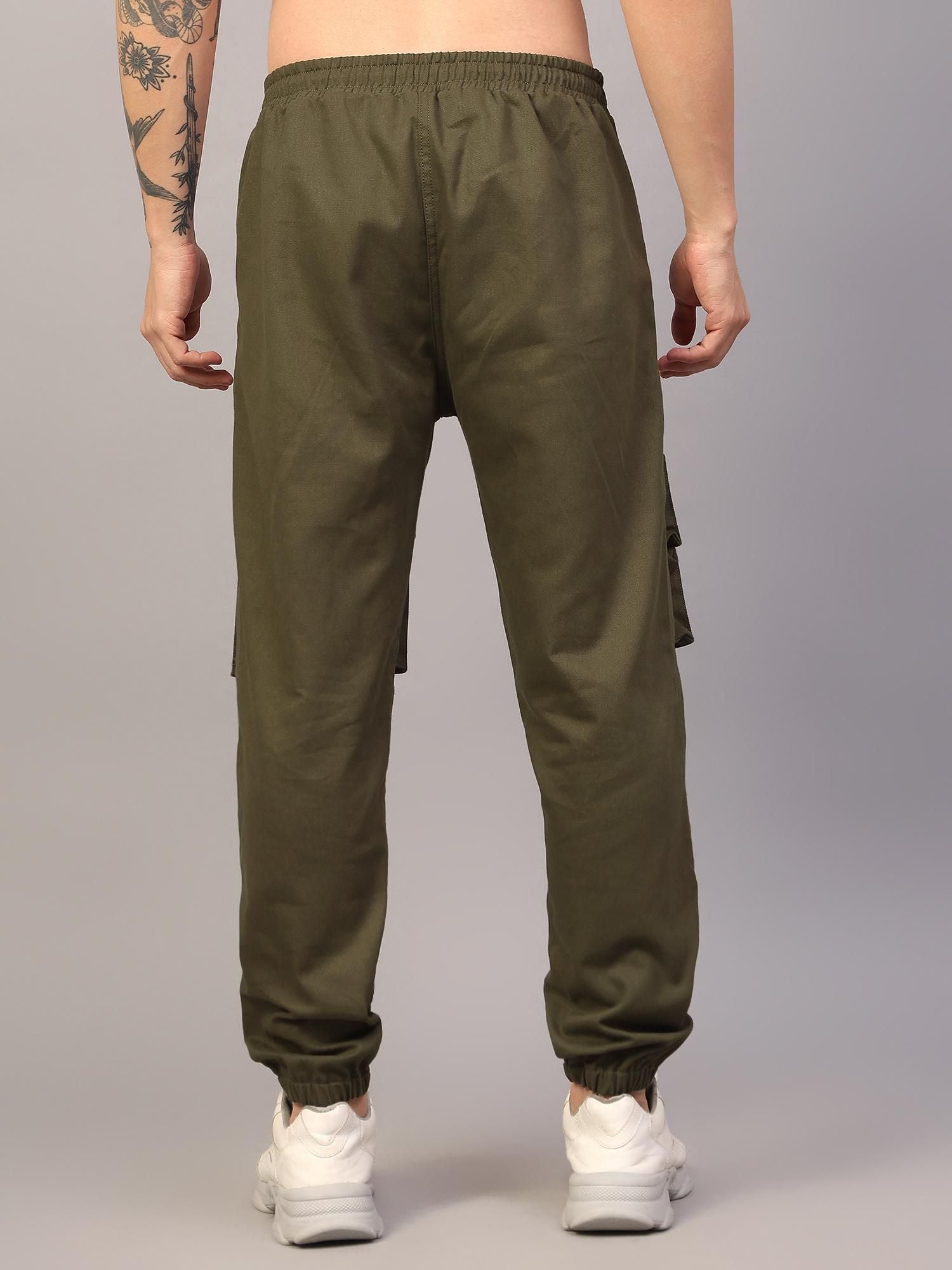 Men's Slim Fit Cargo Pants in Olive Green Cotton Fabric with Multiple Pockets for Utility