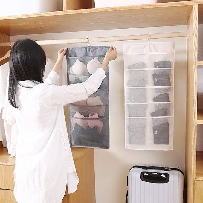 Two-Sided Closet Storage Bag with 30 Mesh Compartments for Hanging Organization