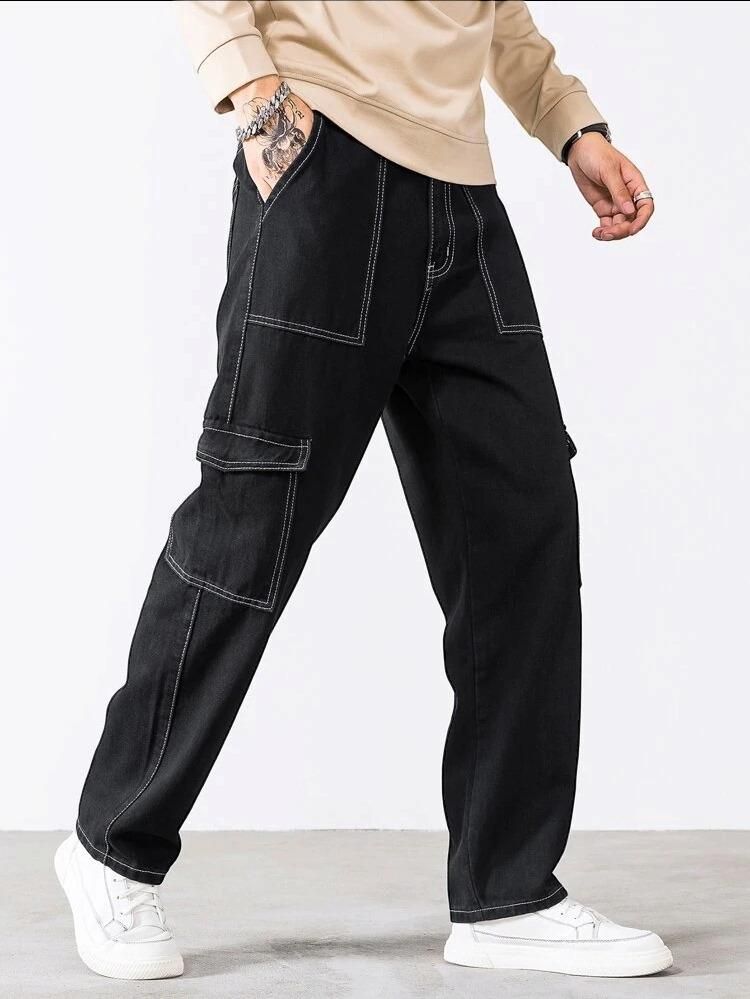 Men's Black Cargo Jeans with Multipocket Design - Cotton Fabric