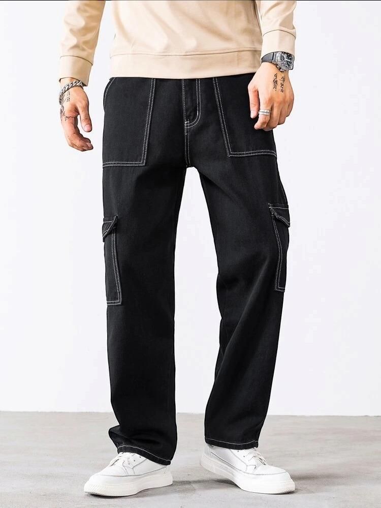 Men's Black Cargo Jeans with Multipocket Design - Cotton Fabric