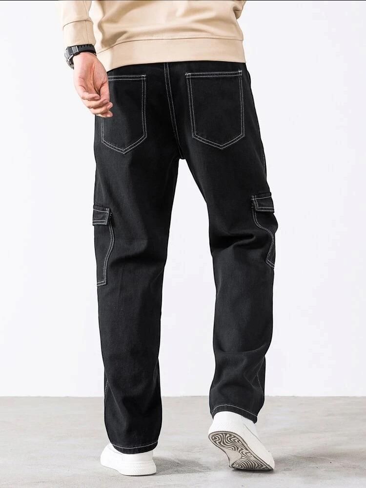 Men's Black Cargo Jeans with Multipocket Design - Cotton Fabric