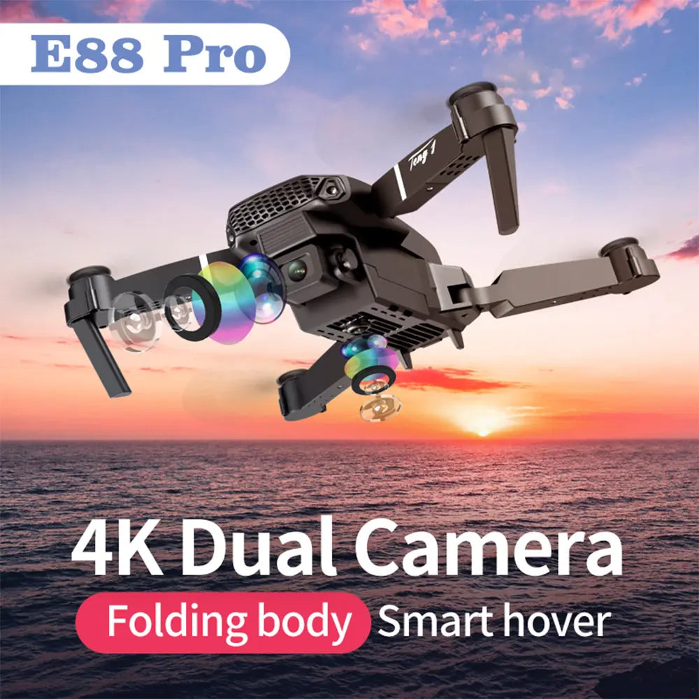 E88 Pro Foldable Quadcopter with Dual HD Cameras (4K 1080P), Height Hold, Wifi RC – Ideal Gift Toy Drone
