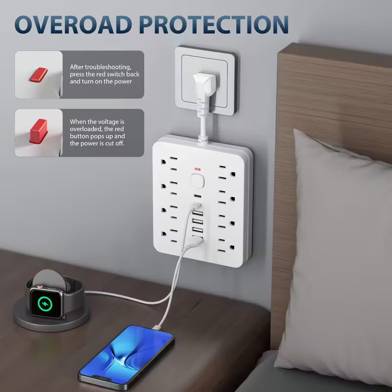 14-in-1 Power Strip with Surge Protection | 4 AC Outlets + 6 USB Ports (2 Type-C) with One-Touch Switch