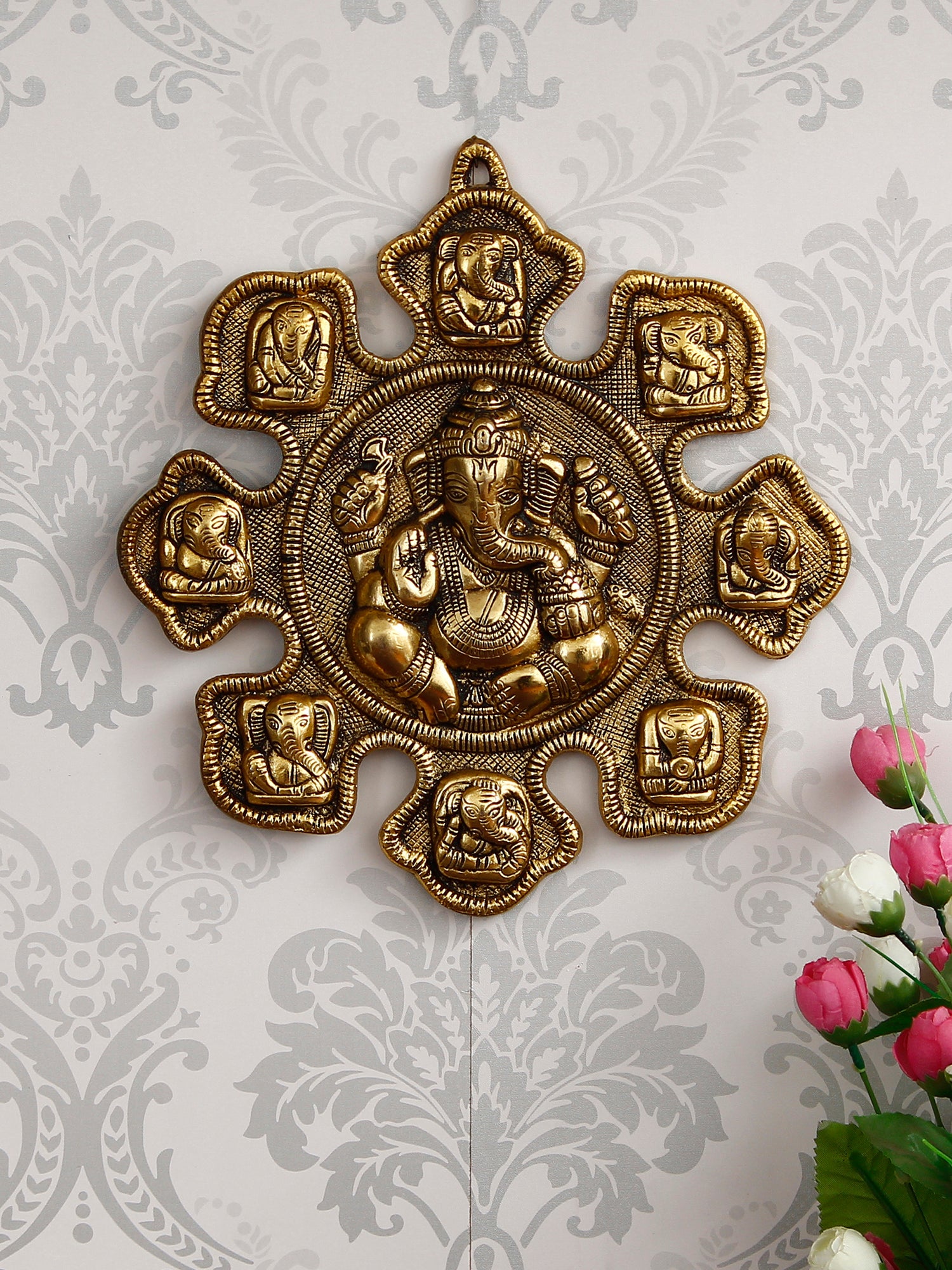 eCraftIndia 9 variants of Lord Ganesha Golden Metal Wall hanging