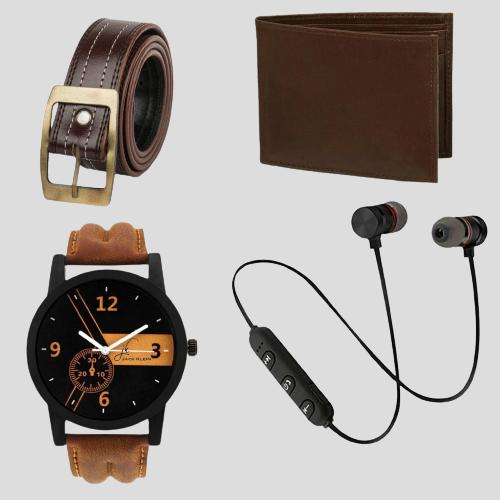 Men's Fashion Combo: Watch, Wallet, Belt & Bluetooth Earphone