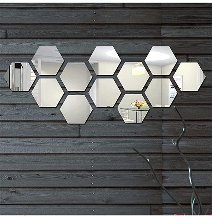 12 Hexagon Silver Mirror Stickers For Wall, Acrylic Sticker, Hexagonal Mirror Wall Sticker For Hall Room, Bed Room, Kitchen